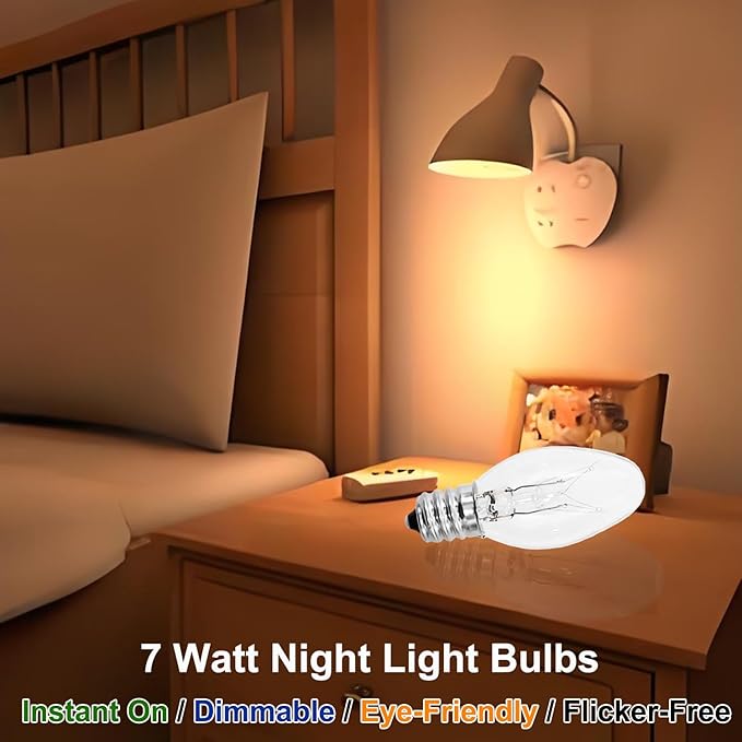 Night Light Bulbs 7 Watt Clear Light Bulbs for Night Lights,Window Candles,Decorative Candle Light Bulbs- E12 Base C7 Replacement Bulbs - 7 Watt Warm White Small Light Bulb - Dimmable - 15 Packs