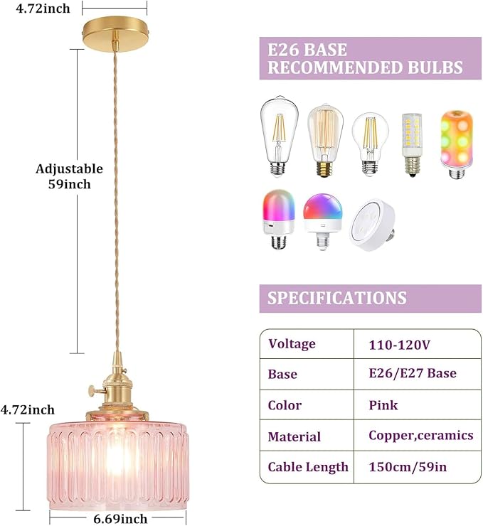 Shenmoyl Pendant Light with Pink Striped Glass Lmapshade, Brass Vintage Pendant Light Adjustable Hanging Light for Kitchen Island Dining Room Hallway