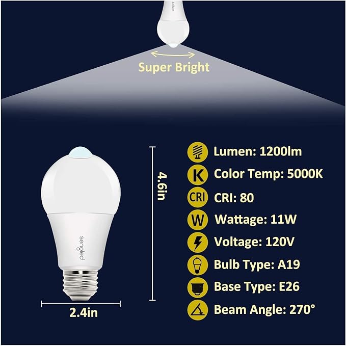 Sengled Motion Sensor LED Bulbs, A19 5000K Daylight Dusk to Dawn Motion Activated Light, 11W (75W Equivalent) 1200 Lumens for Indoor & Outdoor Use, Porch, Garage, Hallway, 2 Pack