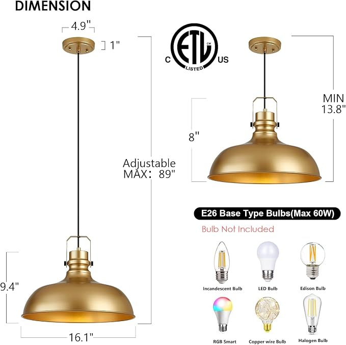 Gold Farmhouse Pendant Lights for Kitchen Island 16 Inch | ETL Certificate,Industrial Adjustable Height Vintage Dome Hanging Light Fixtures for Barn, Dining Room 2 Pack