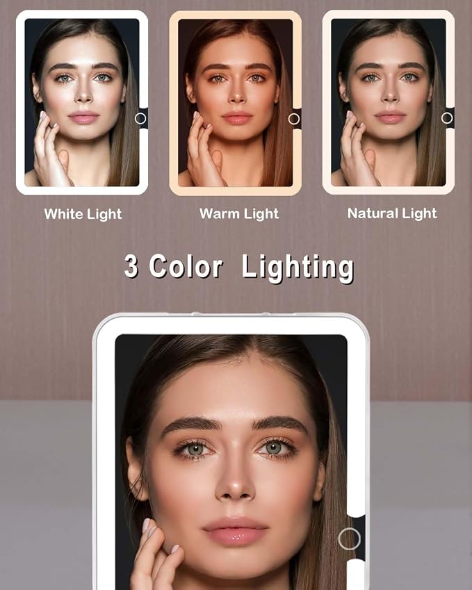 Travel Mirror with Light,7x5 inch Rechargeable Portable Lighted Makeup Mirror,3 Color Lighting Adjust Brightness,Tabletop Folding LED Compact Mirror