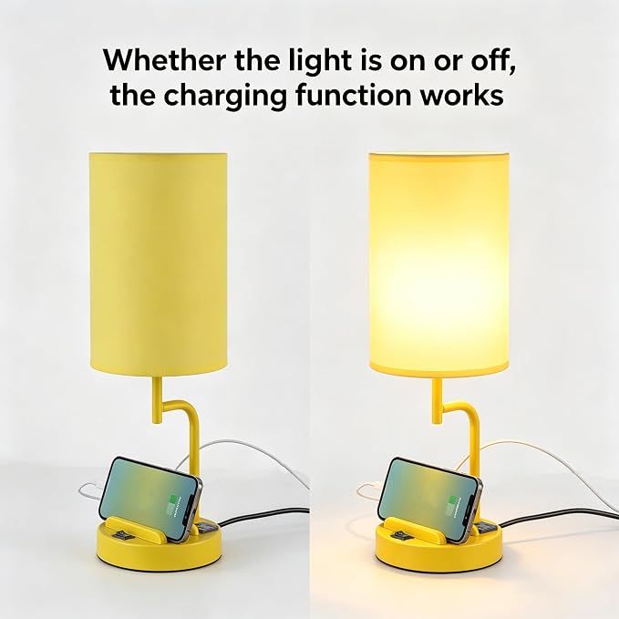 Dreamholder 2 Pack Table Lamp, Bedside Lamp with 3 USB Charging Ports & AC Outlet, USB Desk Lamp with 2 Phone Holders, Linen Fabric Shade Nightstand Lamps for Bedroom Living Room Office, Yellow