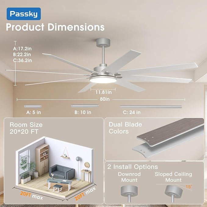 80 Inch Ceiling Fans with Lights and Remote, Nickel Modern Ceiling Fan | Reversible DC Motor, Timer, 3CCT, Dimmable, Quiet, Ceiling fan For Living Room, Patio Farmhouse, Indoor/Outdoor
