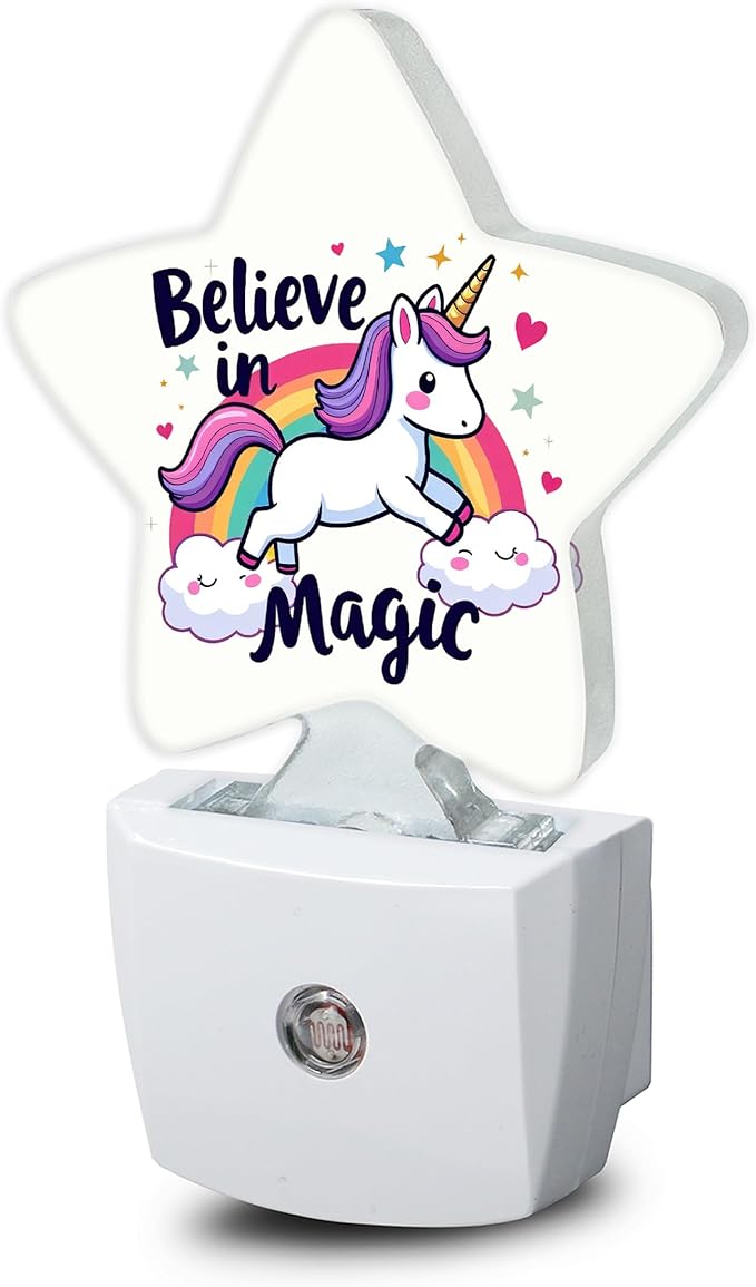Unicorn Rainbow Dusk to Dawn Star Night Light,Believe in Magic Smart Sensor Nightlight for Bedroom Kitchen Hallway Stairs,Plug-in Energy Efficient Decor Desk Lamp Women Men Gifts