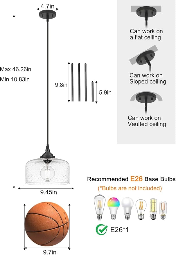 Black Vintage Pendant Lights Kitchen Island, Adjustable Height Kitchen Pendant Lighting Over Sink, Bathroom Hanging Lights With Bubble Glass, Dual Mount Ceiling & Hanging Fixtures With 90° Swivel