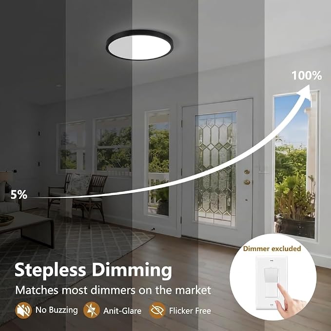 Dimmable 12Inch LED Flush Mount Ceiling Light, 24W, 2520LM, 2700K/3000K/4000K/5000K/6000K CCT Selectable,LED Round Flat Panel Light Dimmable from 5% to 100% for Bedroom,Kitchen,Hallway, Black 12PK