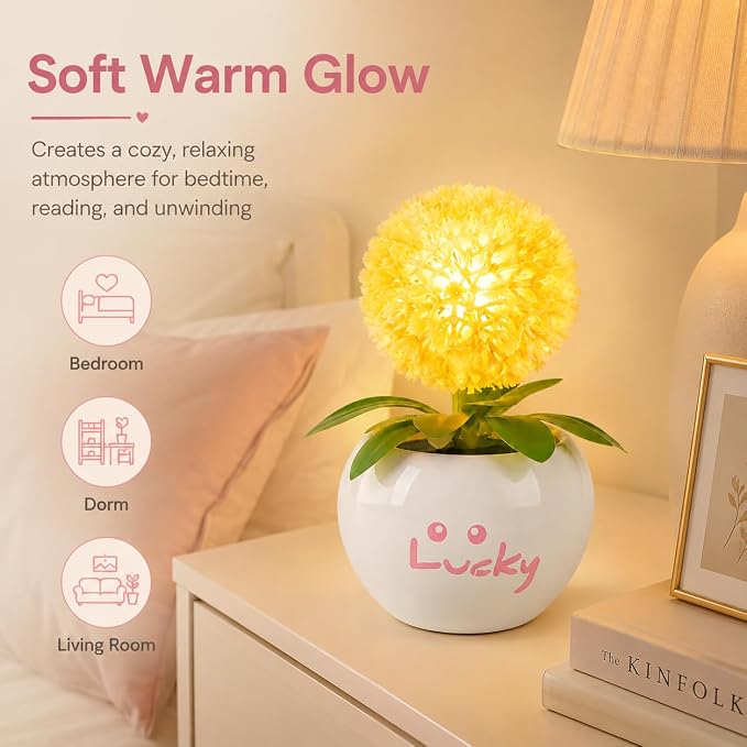 Dandelion LED Night Light,Rechargable Flower Bonsai Desk Lamp with Ceramic Base,Stepless Dimmable & Touch Control Accent Light,Aesthetic Room Decor for Bedroom,Dorm,Gifts for Girls Women (Orange)