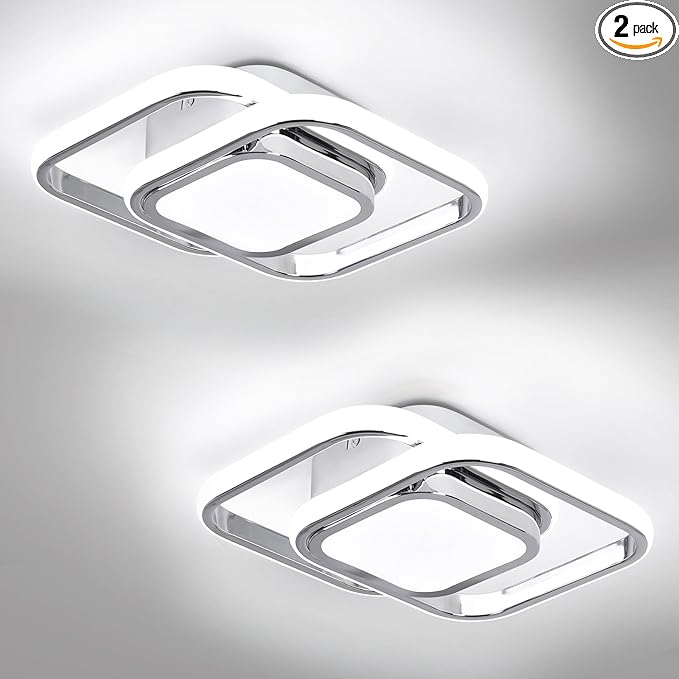 2 Packs Modern Led Ceiling Light Acrylic Square Small Ceiling Lamp Cool White 6000K Hallway Lighting Fixtures for Bedroom Kitchen Living Room Study Hallway Small Asile Lamp Corridor Lights (Chrome)