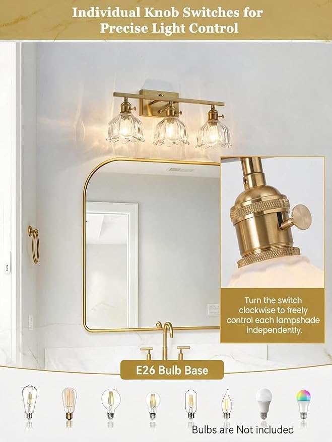 3-Light Vintage Bathroom Vanity Light, 19.4" Brass Hardwired Wall Sconce with Amber Tulip Glass Shades, Brushed Gold Vanity Light for Mirror, Restroom, Bedroom (Clear, 3-Light)