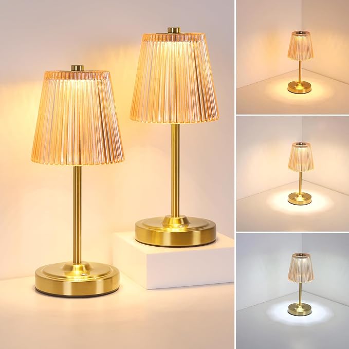 Shenmoyl Set of 2 Cordless Touch Table Lamp with 5200mAh Battery - 3 Adjustable Color Temperatures & Dimmable, Rechargeable Lamp for Bedsides, Living Room, Entryway, Bookshelves (Amber Stripe)