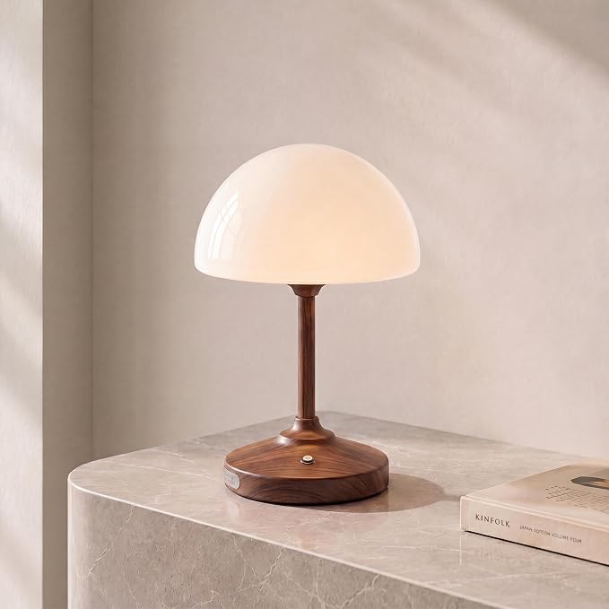 Table Lamp Cordless Lamp,5000mAh Rechargeble Battery Operated Lamp | Small Bedside Desk Lamp 11.02" with Glass Shade 3-Way Dimmable Portable LED Table Light,for Outdoor,Dinner(Walnut Wood Grain)