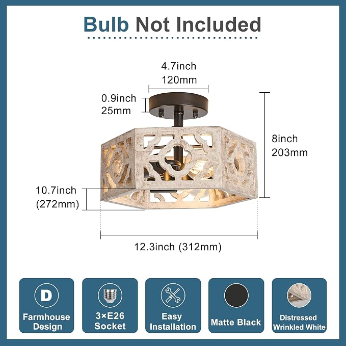 Tarentlight Farmhouse Semi Flush Mount Ceiling Light, Distressed Wood 3-E26 Rustic Boho Close to Ceiling Light Fixture for Kitchen Bedroom Hallway Dining Entryway Livingroom Fixture,No Bulb.