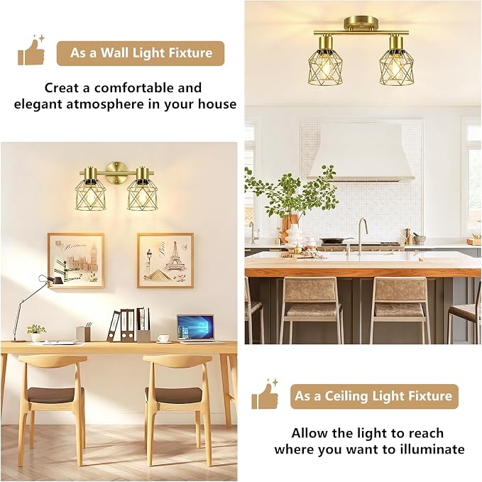 Baocuz 2-Lights Kitchen Track Lighting Ceiling, Adjustable Multi-Directional Gold Ceiling Light Fixtures, Rotatable Farmhouse Light Fixtures Ceiling Mount with Metal Cage for Dining Room, Living Room
