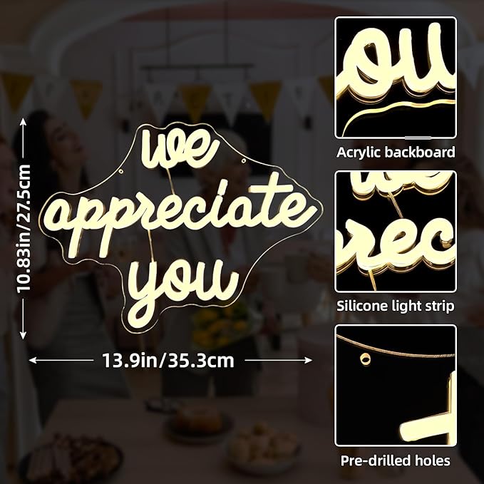 We Appreciate You Neon Sign for Wall Decor Appreciate Neon Lights Dimmable Led Signs We Appreciate You Decorations for Employee Staff Teacher Doctor Appreciation Party Thank You Decorations