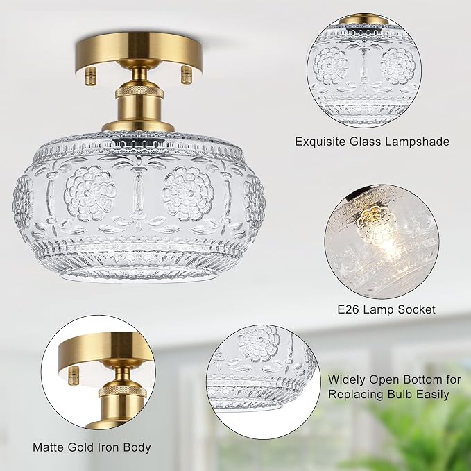 Semi Flush Mount Ceiling Light Fixture - Brass & Floral Glass Shade, Vintage Modern Lighting for Entryway, Bathroom, Kitchen, Bedroom (Bulb Not Included)