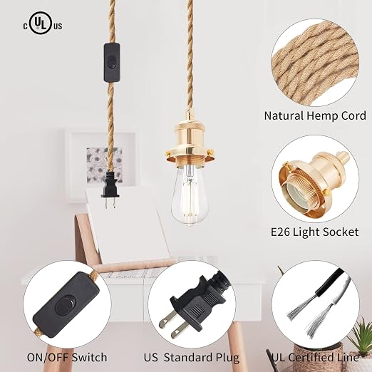 15.4ft Pendant Light Cord Kit, Industrial Vintage Plug in E26 Socket Hanging Light with Switch, Hemp Rope Hanging Light Fixture for Pendant Lamp Farmhouse Lamp Cable DIY