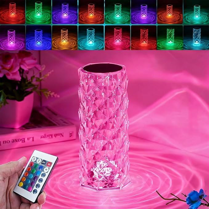 Crystal Table Lamp Touch, 16 Color Changing Night Light, Rechargeable, Dimmable, RGB Rose Diamond Ambient Mood Lighting, Protable Cordless Desk Lamp Bedside Led Light for Bedroom Living Room Party