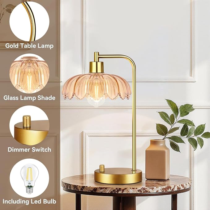 ILLMTW Glass Table Lamp Set of 2,Small Gold Bedside Lamps Dimmable Boho Bedroom Lamp with Tulip Flower Amber Lamp Shade,Vintage Mid Century Modern Mini Nightstand Lamp for Bedroom Living Room