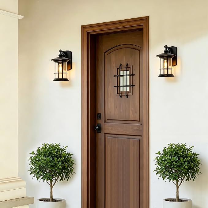 MICSIU 12.5" Height Large Farmhouse Bronze Outdoor Wall Light, Max 100W | 8" Wide Rustic Exterior Fixture with Clear Seedy Glass, Weatherproof Porch Light for Front Door, Garage, Gate, Patio, Deck