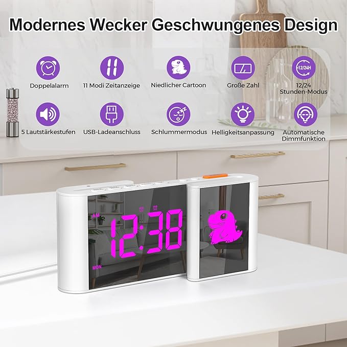 Alarm Clock,Alarm Clocks Bedside with Cute Cartoon,7.2''Large Mirror Clock,11 Colors Digital,10 Colors RGB Cartoon,Week Display,Auto Dimming,Dual Alarms,USB Port,5 Levels Volume for Bedroom Home Decor
