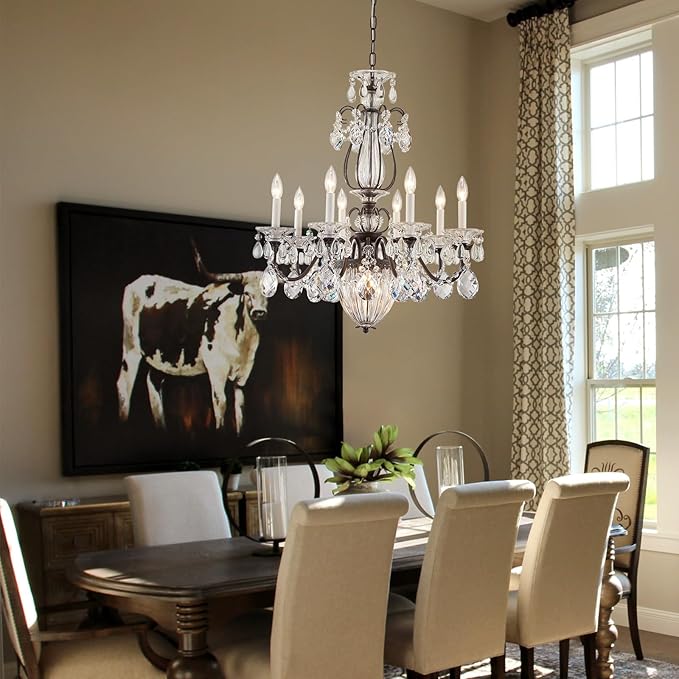Vintage Crystal Chandeliers for Dining Room, 8-Light Brown Classic Candle Chandelier Pendant Ceiling Light Fixture for Living Room Bedroom Kitchen Foyer Hallway Staircase 30.3" H x 26.8" D