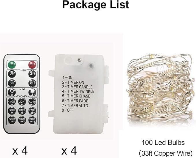 WSgift 4 Pack 33Ft 100 Warm White Led Fairy Lights Battery Operated with Remote Control Timer Waterproof Silver Copper Wire Twinkle Lights
