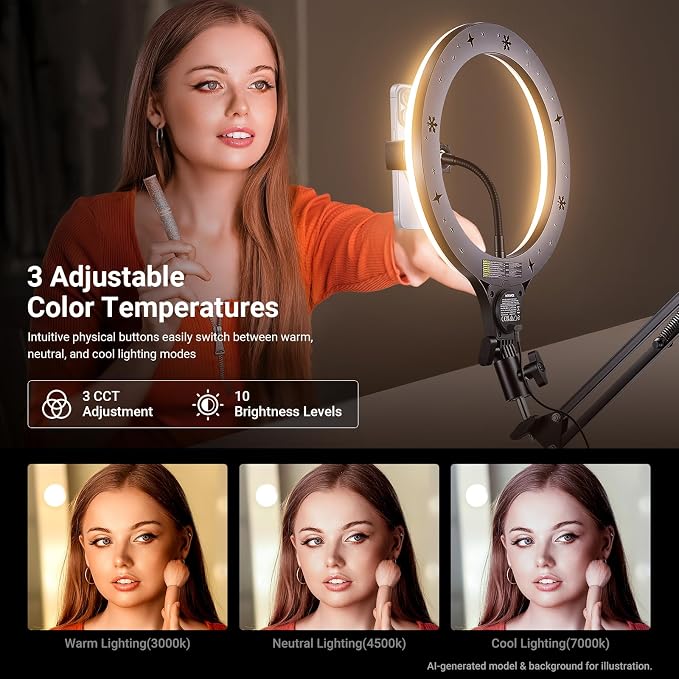 NEEWER Entry Level Version 10.5" Overhead Desktop LED Ring Light, Clamp Stand for Desk/Remote/Phone Holder Compatible with iPhone, 10W Streaming Recording Selfie Laptop Video Conference Lighting, N31
