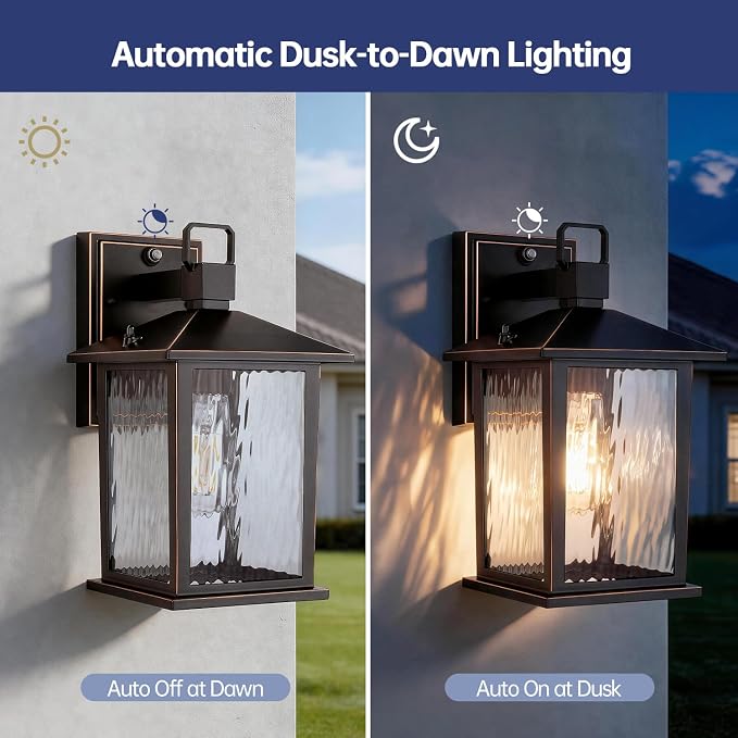Dusk to Dawn Porch Light, Oil-Rubbed Bronze Outdoor Light Fixture | 2-Pack Outdoor Wall Light with Water Ripple Glass, Hardwired Aluminum Outside Wall Lantern, E26 Socket, Bulb Not Included
