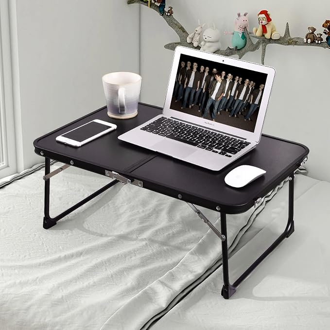 Foldable Laptop Desk, Portable Bed Table with Hidden Storage, Black | 23.6 x 15.3 in Work Surface, Hidden Storage, Aluminum Frame, Anti-Slip Feet, Carry Handle, Safety Locks