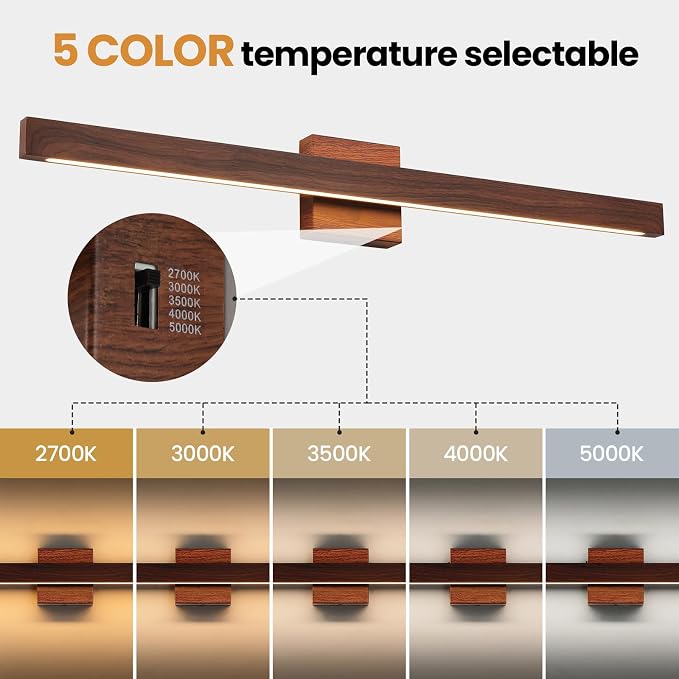 Modern Bathroom Light Fixtures Over Mirror, 32 Inch Brown Wood Finish Vanity Light Bar 26W Dimmable 5CCT LED Vanity Lights for Bathroom Wall Lighting Fixtures Over Mirror