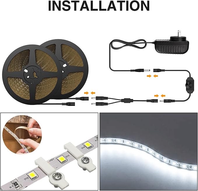 Onforu LED Strip Lighting Bright White, 65.6ft 6000K Dimmable Daylight White Tape Light, Flexible 12V Adhesive Ribbon Easter Rope Light, for Kitchen, Under Cabinet, Bedroom (Pack of 2)
