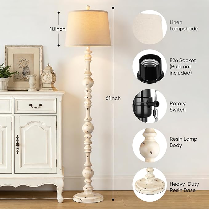 QiMH 61" Vintage Floor Lamp for Living Room, Farmhouse Lamps, Shabby White | Rustic Tall Lamp for Bedroom, Linen Lampshade, Rotary Switch, Sturdy Base, Home Decor