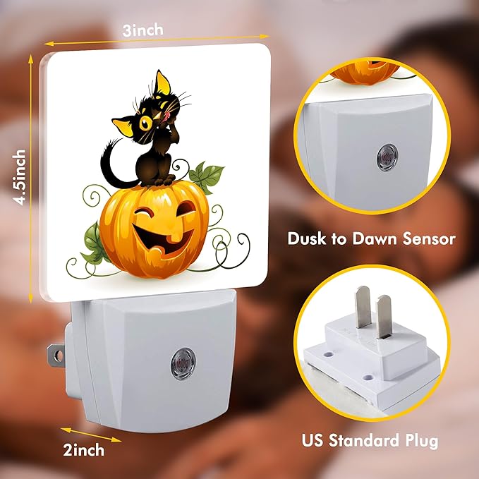 Black Cat on Pumpkin Night Light,Halloween Plug into Wall with Dusk to Dawn Light Sensors,LED Nightlights for Bedroom,Bathroom,Kitchen,Hallway,Room Decor for Boys Girls Women Men