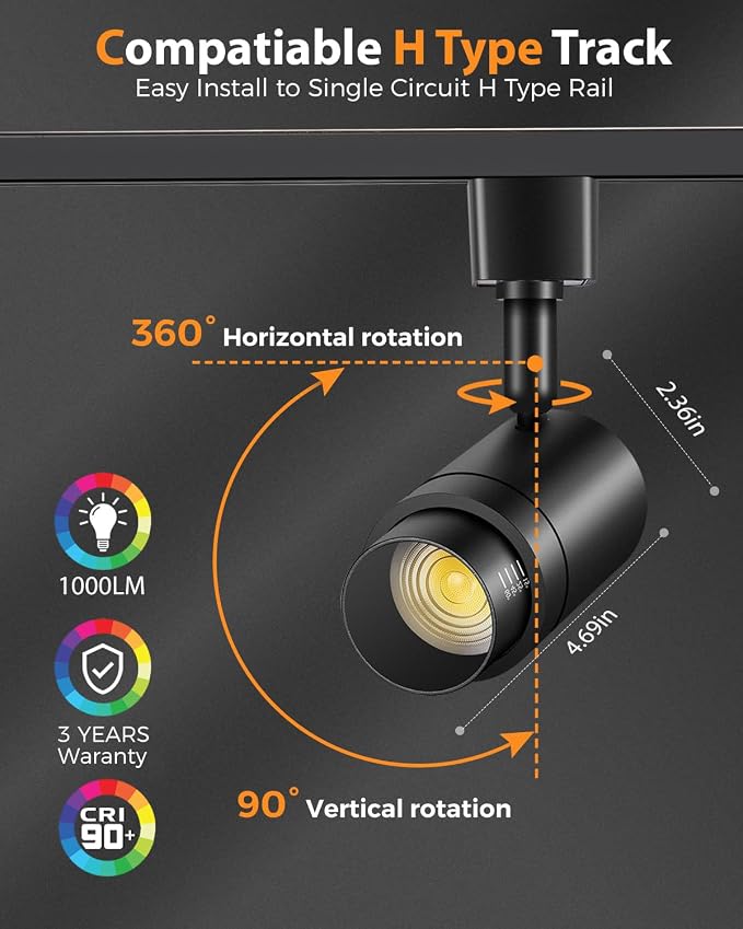 Zoomable H Track Lighting Heads H Type Track Light Heads Dimmable LED Track Lighting Fixtures Ceiling Spot Light, H Style Track Heads for H Track Lighting Rails - Black CRI90 12W 8 Pack 3000K