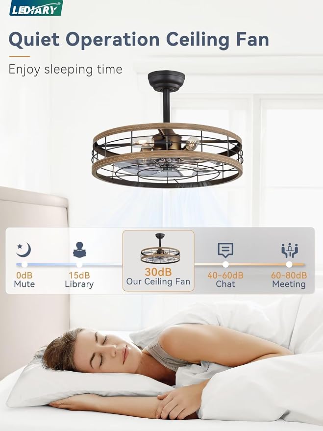 LEDIARY 22 inch Caged Fandelier Ceiling Fan Light with Remote, Brown | 6 Speed Adjustable,Timing, Quiet & Powerful DC, Large, Farmhouse, Industrial, Enclosed, Bladeless, Bedroom, Kitchen, Downrod