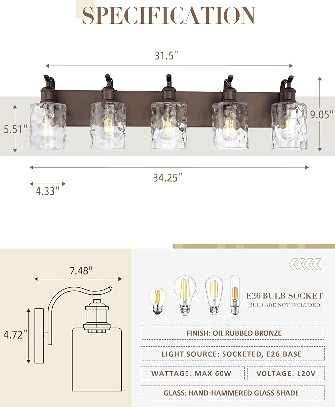 5-Light Bathroom Vanity Light,Hammered Glass,Oil Rubbed Bronze | 34.2 Inch Over Mirror Wall Light,E26 sockets,for bathroom mirror,powder room,dressing area