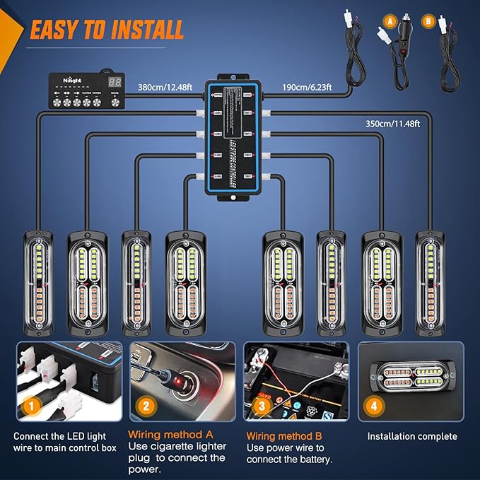 Nilight 8PCS LED Strobe lights 12V Sync Feature Amber White 12 24LED Emergency Hazard Warning Lights with Controller for Cars Trucks RVs Campers, 2 Years Warranty
