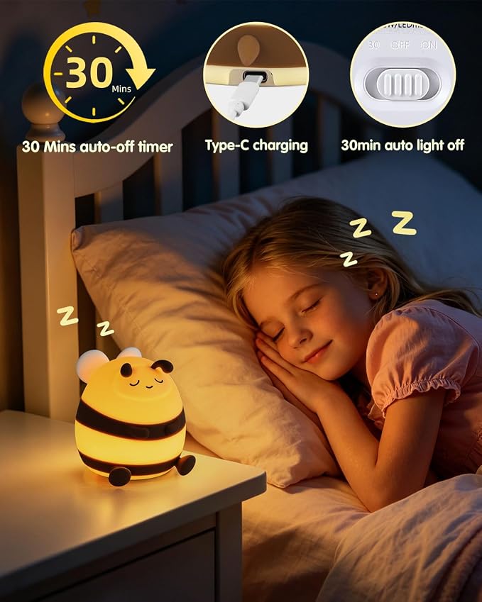 YISUN Bee Silicone LED Night Light, 3 Level Dimmable Kids Room Nursery Lamp | Soft Squishy, Rechargeable Bedside Touch Light, Novelty Animal Lamp for Boys Girls Toddlers
