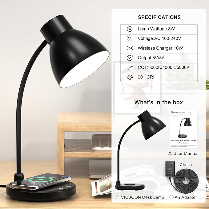 LED Desk Lamp for Home Office with Wireless Charger, Black | 3 Color Modes Dimmable Eye-Caring Study Reading Dorm Desk Lamp, 360° Flexible Arm Table Lamp for College Dorm Room, 800 Lumen