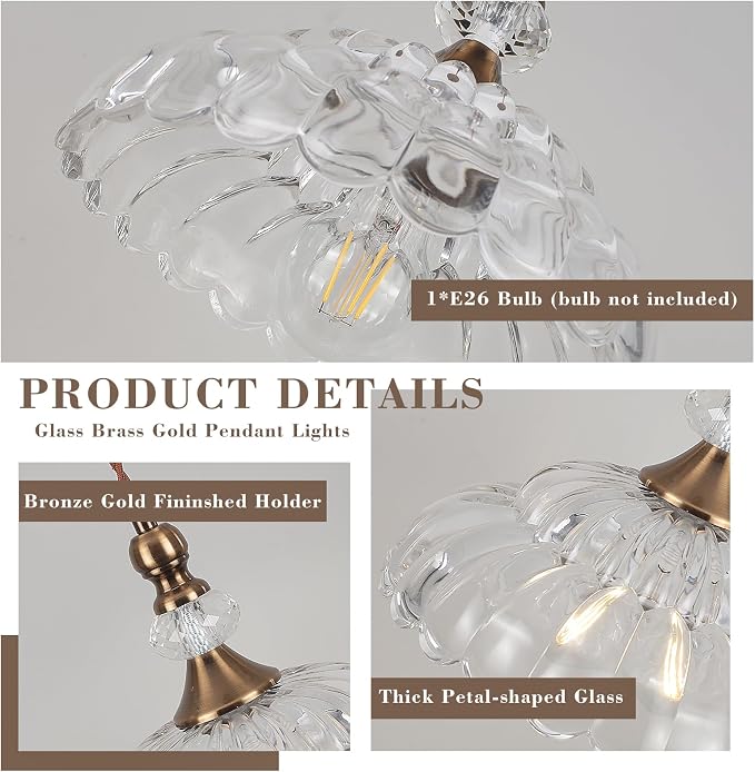 9.8" Small Vintage Pendant Lights for Kitchen Island | Brass Gold Hanging Pendant Lighting Fixture, Petal-shaped, for Dining Room Hallway Bedroom