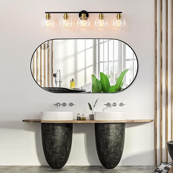 Bathroom Light Fixtures Over Mirror 5-Lights Bathroom Vanity Light with Clear Globe Glass Shade 37.4 inch Modern Black and Gold Vanity Lights Wall Sconce Lighting for Bath