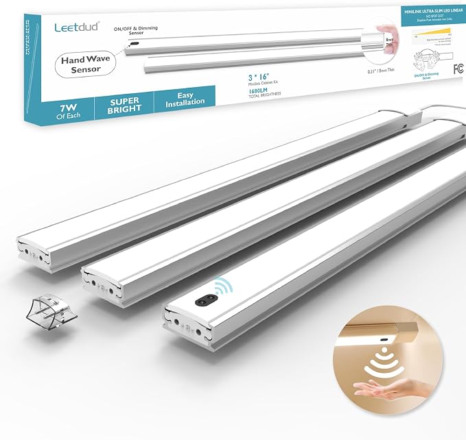 Hand Wave Under Cabinet LED Lighting Plug in, 16 Inch 3 Pcs Dimmable Linkable Ultra Thin Aluminum Alloy Housing, 4000K Natural White Motion Sensor Counter Lights for Kitchen, Shelf, Cupboard