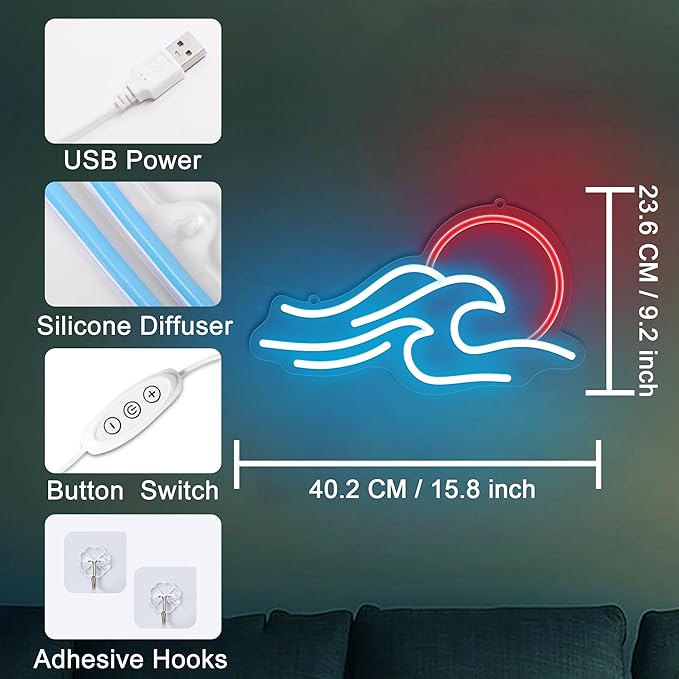 Wave Neon Signs for Wall Decor, Anywin Dimmable Neon Sign Sunrise Sunset Led Signs Wave Art Neon Lights For Living Room, Bedroom Gaming Room, Hotel Decor, Cool Birthday Gifts for Friends, Partner