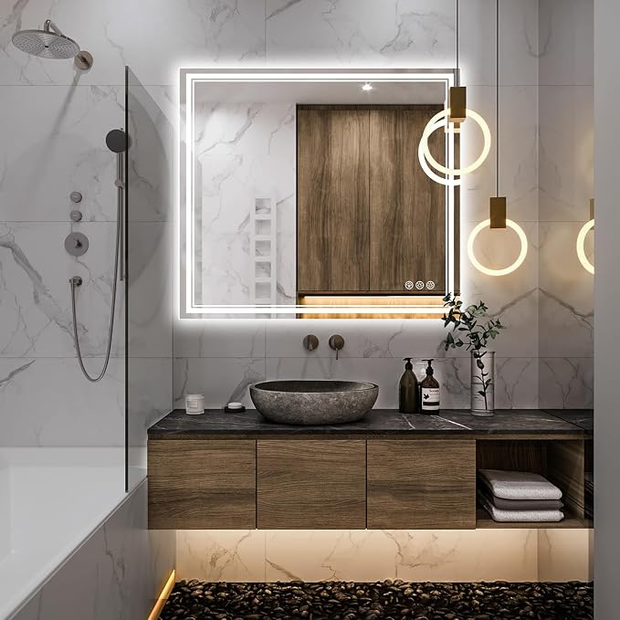 Ratsamee 40x36 Inch Led Mirror for Bathroom with Front Light and Backlit, Bathroom Mirror with Led Lights, Vanity Mirror with Lights for Wall, Anti-Fog, Dimmable, Memory Function, Tempered Glass