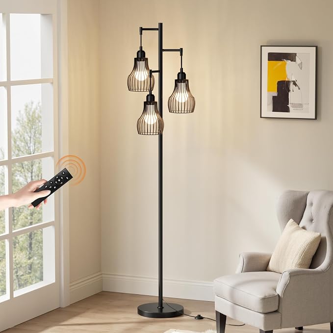 Ziisee Dimmable Floor Lamps for Living Room, Farmhouse Tree Standing Tall Lamp with Remote Control 3 Elegant Cage Shade LED Bulbs for Bedroom Office - Black