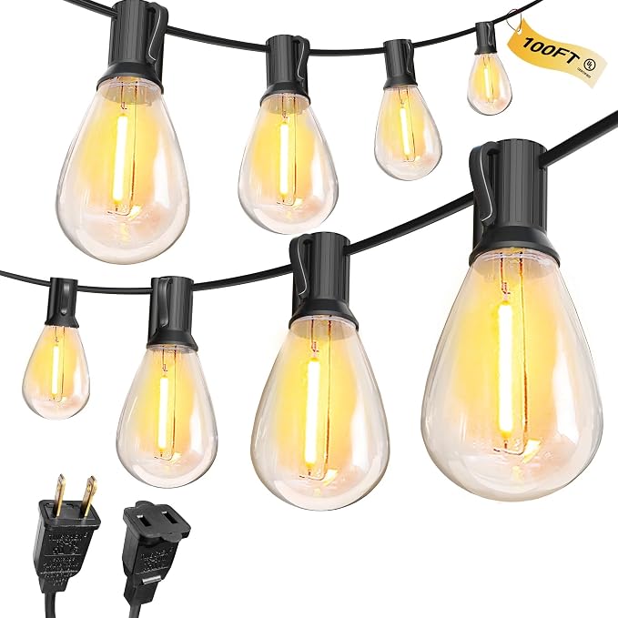 CABOCASA Outdoor String Lights 100FT for Outside Patio Lights with 50+2 Shatterproof S14 LED Dimmable Bulb, Outside Hanging Light Waterproof for Porch Garden Fences Backyard Balcony Pathways 2700K