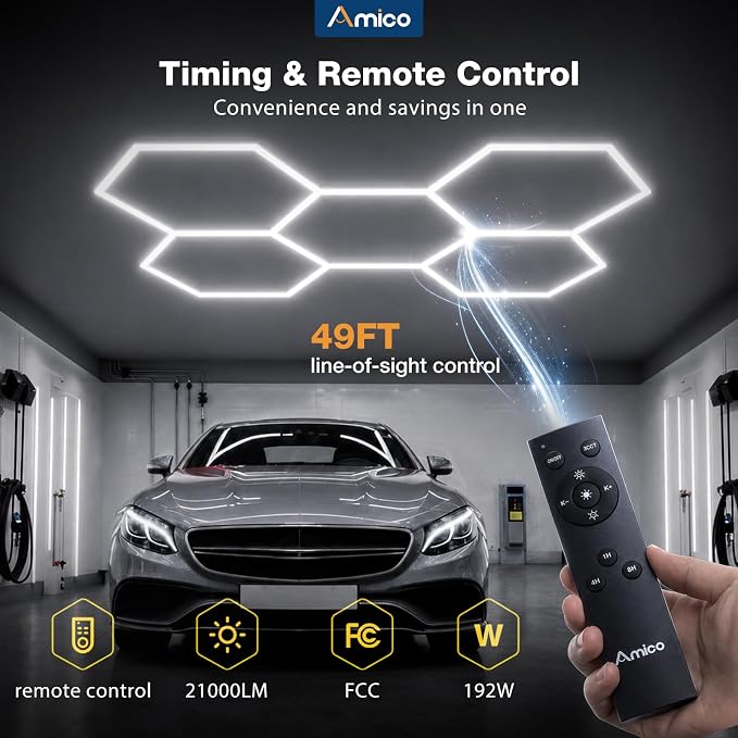Amico Hexagon Garage Lights Dimmable & Tunable, 5 Hex Grid, Remote & Timer | 10-100% Stepless Dimming, 3500K-6500K Adjustable, 192W 21000LM Honeycomb LED Ceiling Lights for Garage Workshop Car Detailing