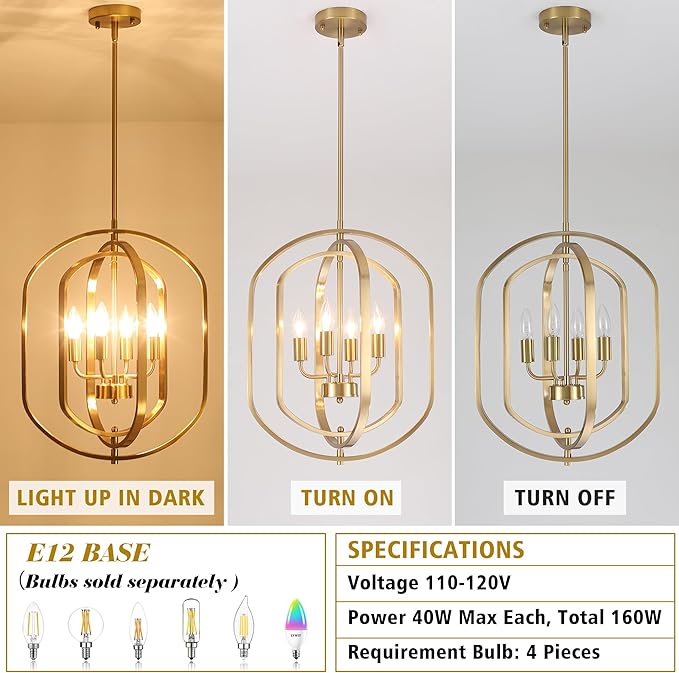 LASENCHOO 4 Lights Gold Chandelier for Dining Room Light Fixture, Modern Farmhouse Chandeliers for Entryway Foyer Lighting Fixtures, Metal Geometric Lantern Pendant Light Kitchen Island with E12 Base