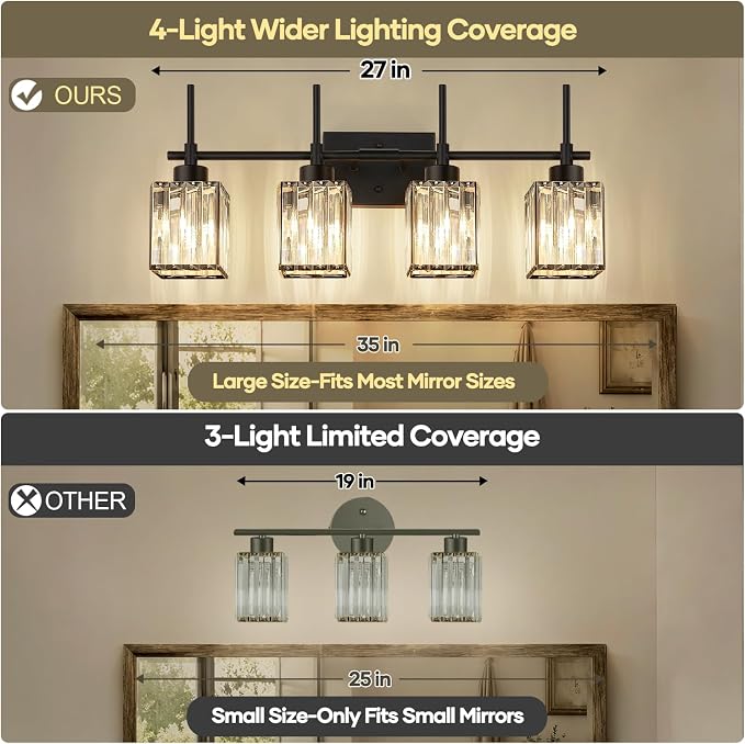 Torondo Modern Crystal Bathroom Vanity Light 4-Lights Matte Black Bathroom Light Fixtures Over Mirror Matte Black Vanity Lighting Fixtures Square Shade Brass Wall Sconce (Bulbs Not Include)