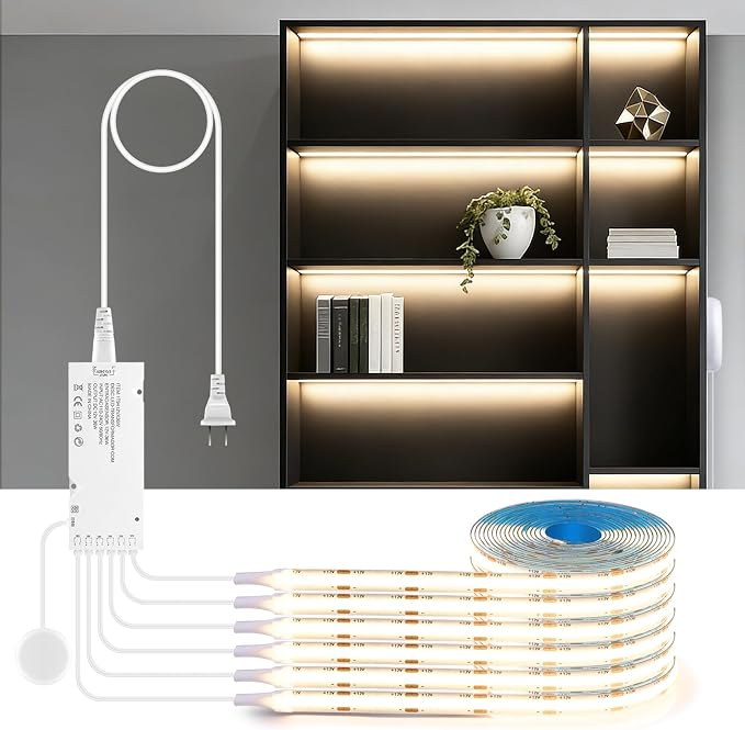 12V Under Cabinet Lighting Kit,3.3Ft 6-in-1 Self-Adhesive COB LED Strip Lights with 36W Adapter Touch Dimmable Led Shelf Lighting 4000k for Kitchen Counters Book Shelf Closet Showcase
